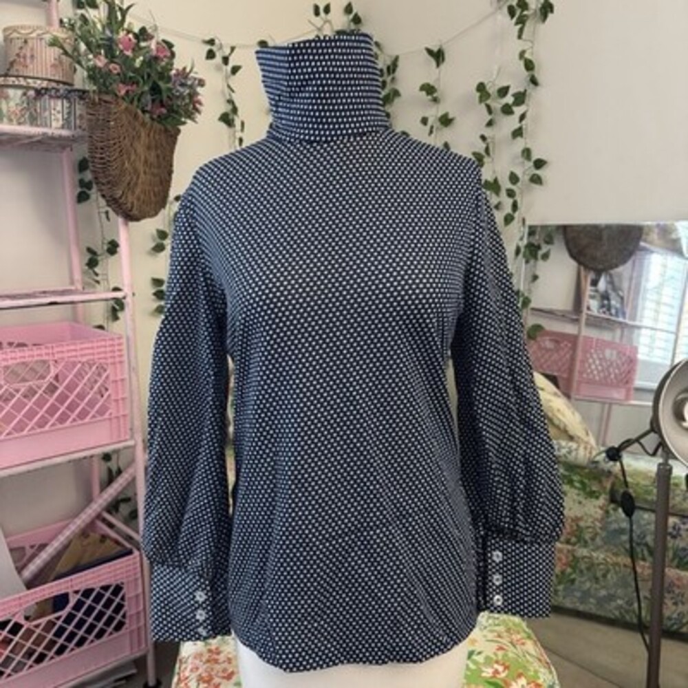 Vintage Fritzi of California Navy & White Dot Blouse | High Neck Zip Back | 70s